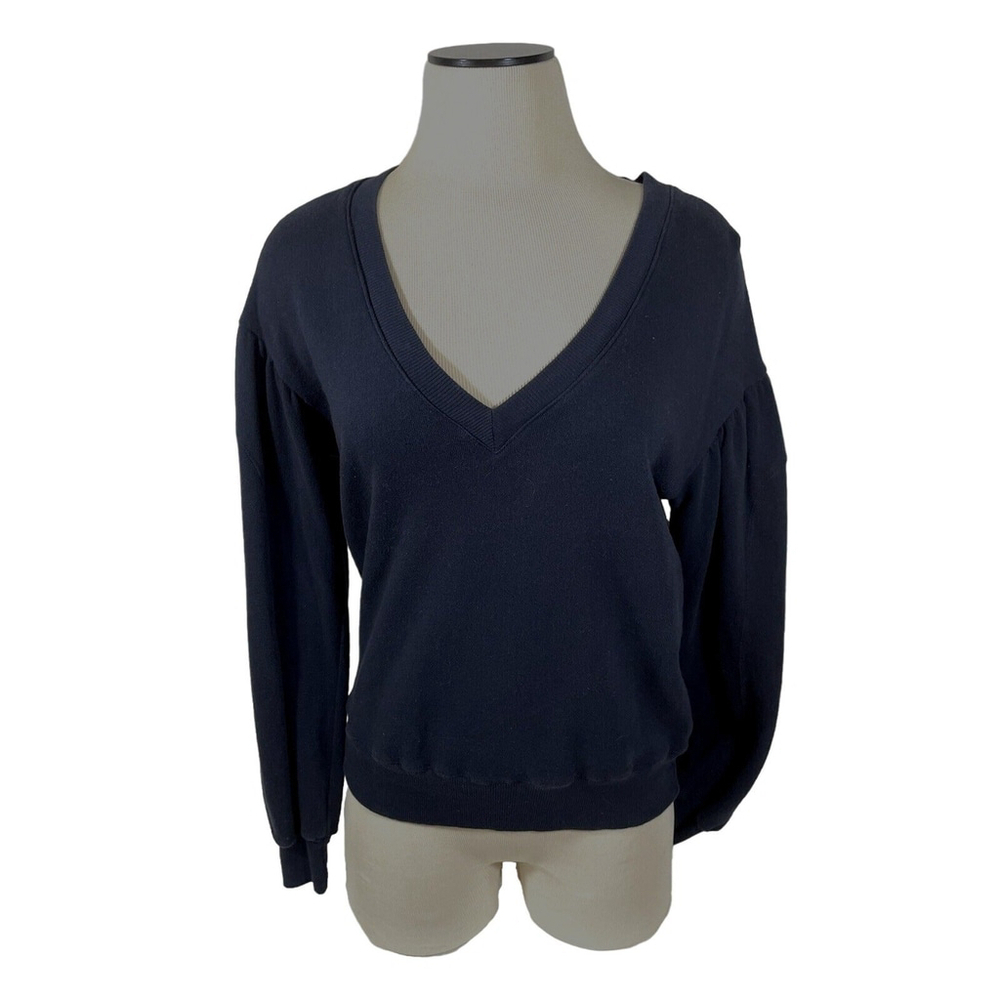 Monrow Sweatshirt Women's Sz S Black Shirred Long Sleeve V-Neck 100% Cotton